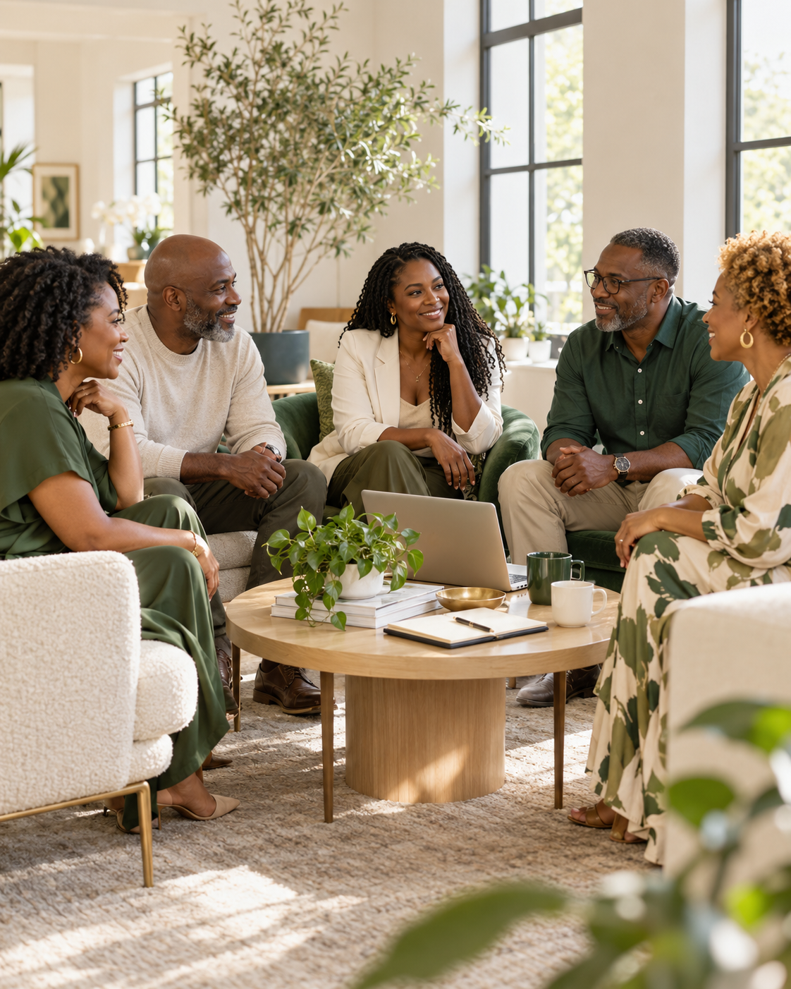 An illustration in photographic style of a welcoming group sharing ideas in a bright lounge