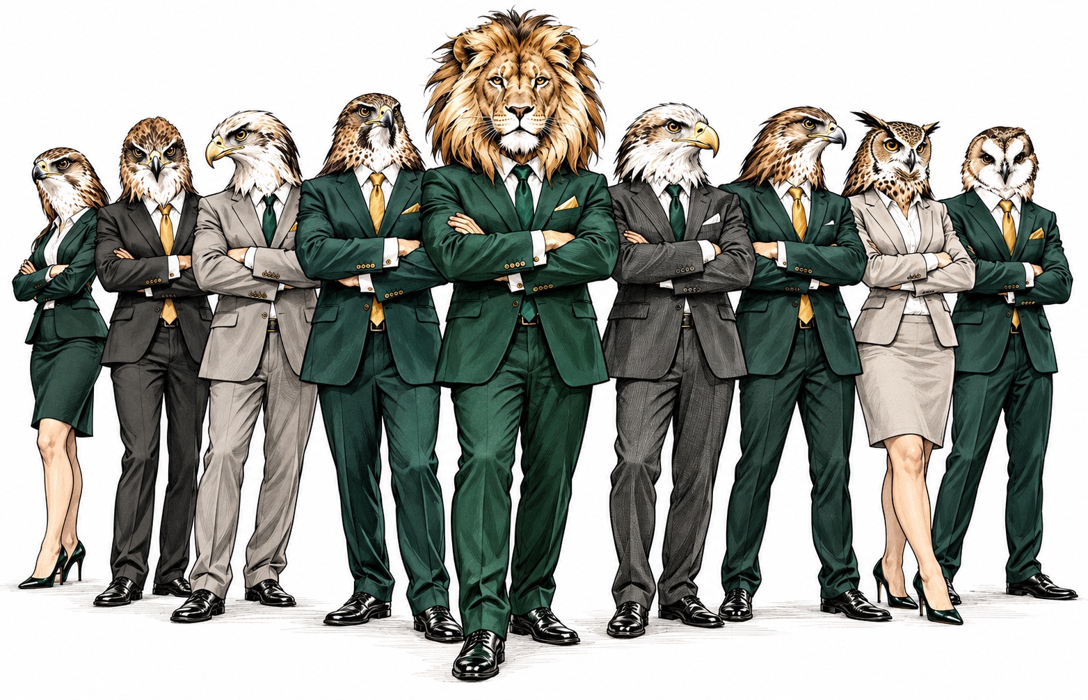 Illustration of a lion and bird headed professional team standing together